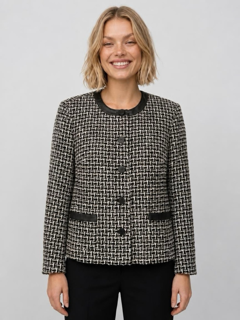 Luxury Pendleton Black & White 95%  silk Tweed Woman’s Suit w/leather trim  12/L
